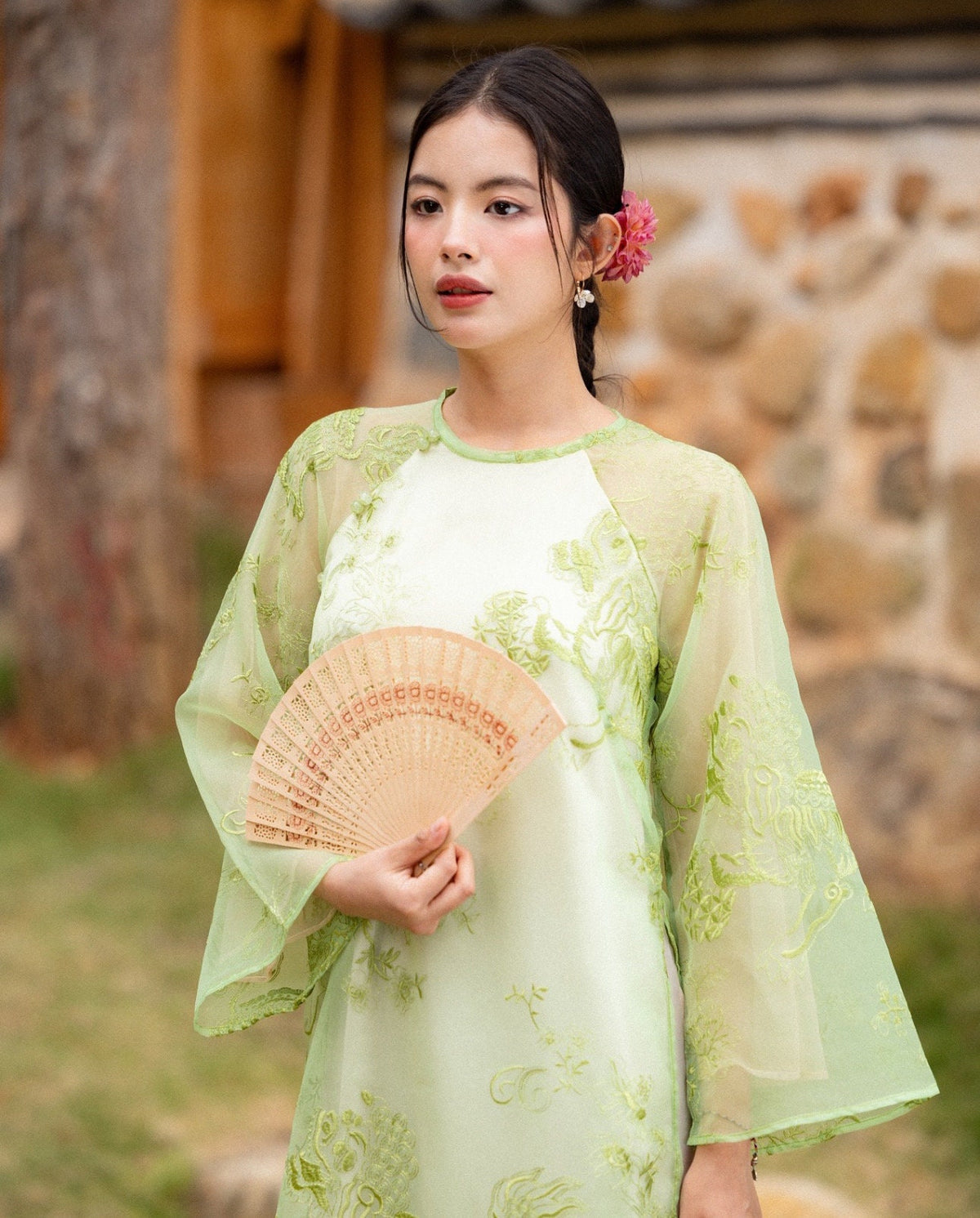 Vietnamese aodai Kylan embroidered green, pants included