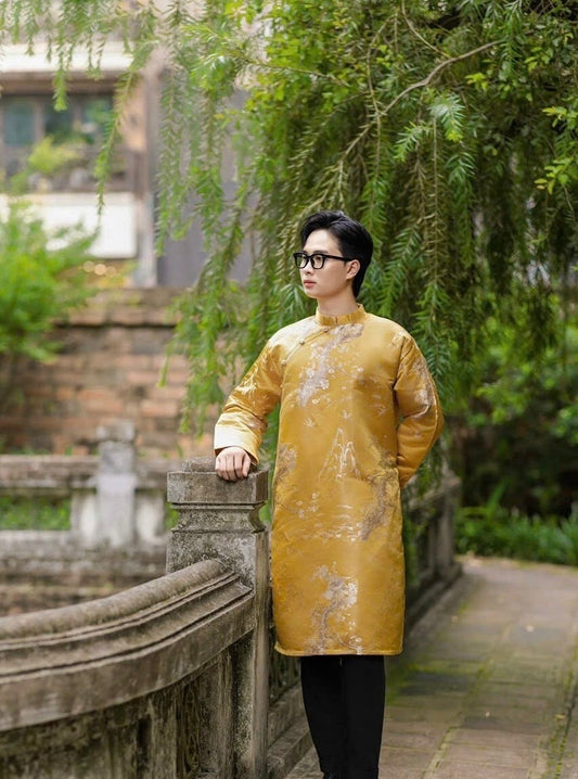 Vietnamese aodai for men yellow golden ao dai gam