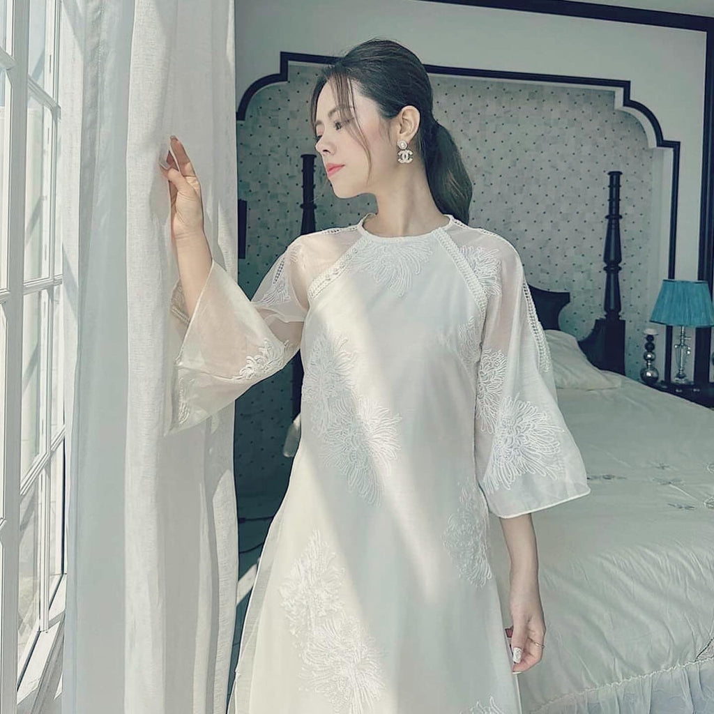 Vietnamese aodai QuynhDaren ivory cream, pants included
