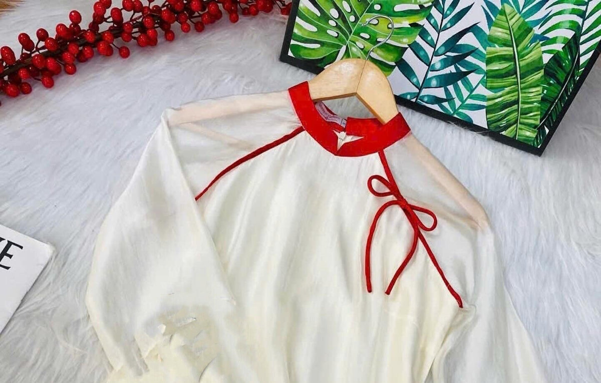 TueHy Vietnamese ao dai beige off-white, pants included