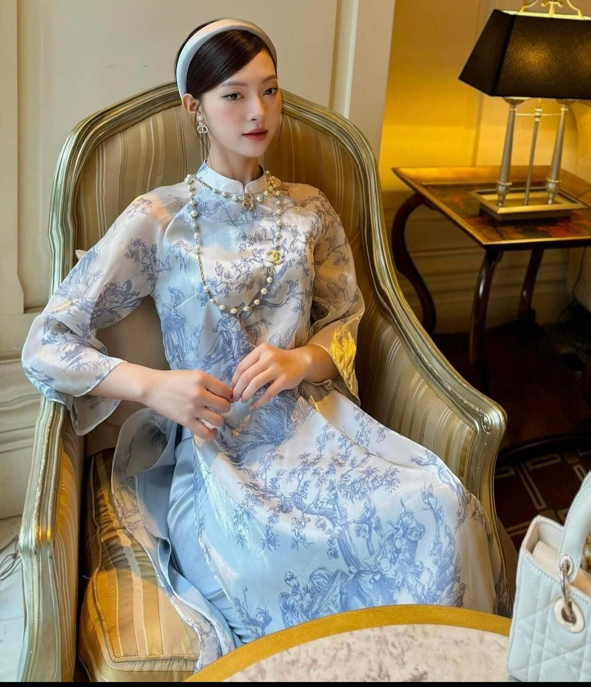 BLan Vietnamese aodai blue and pink, pants included