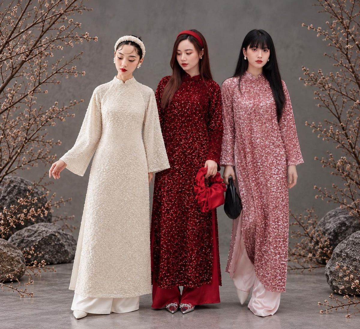 Vietnamese ao dai KimSa velvet embroidery dark red/ pink and cream sequins silk aodai , pants included