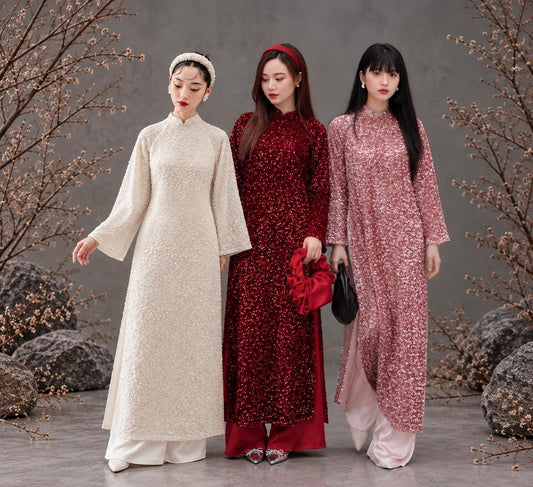 Vietnamese ao dai KimSa velvet embroidery dark red/ pink and cream sequins silk aodai , pants included