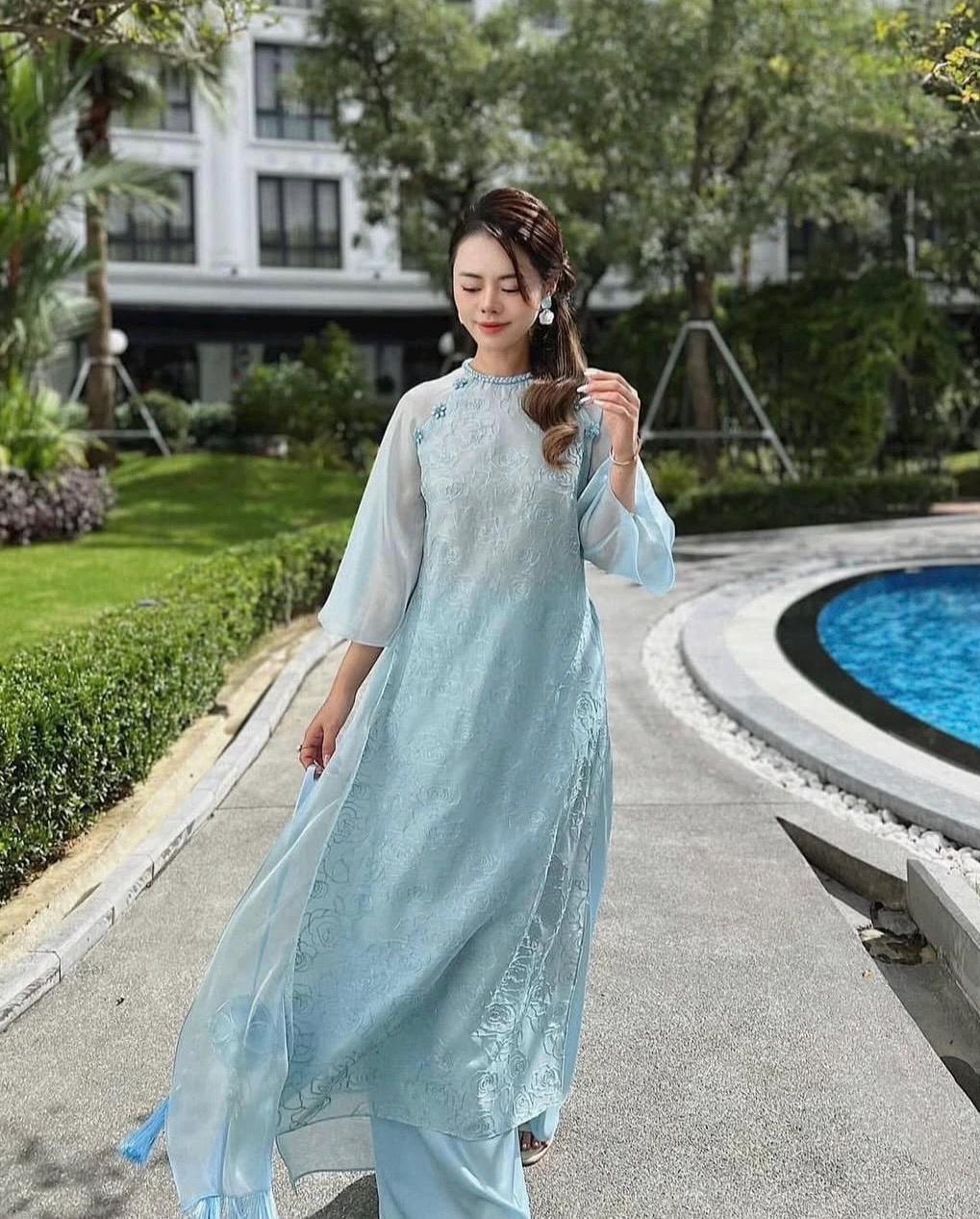 LamVy Vietnamese ao dai sky blue, pants included
