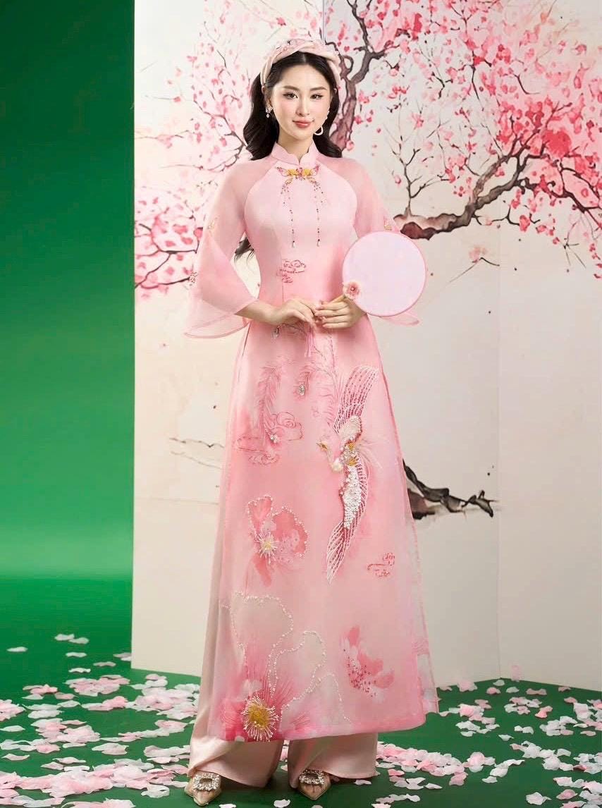 Vietnamese ao dai LK embroidery beaded pink phoenix aodai, pants included