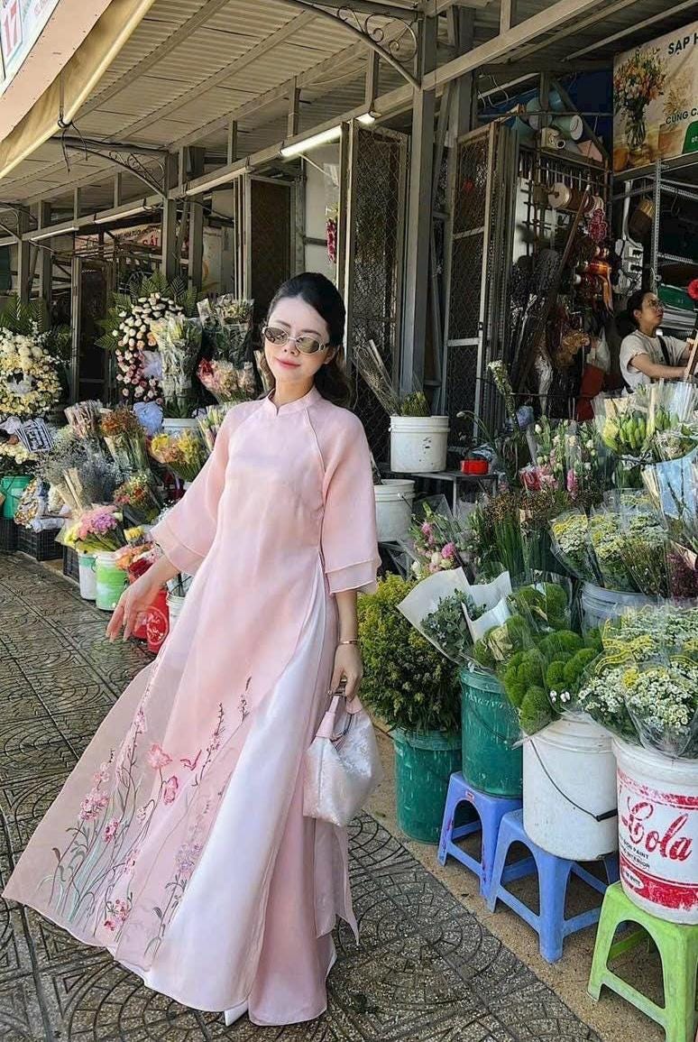 Vietnamese ao dai TienSa pink, pants included