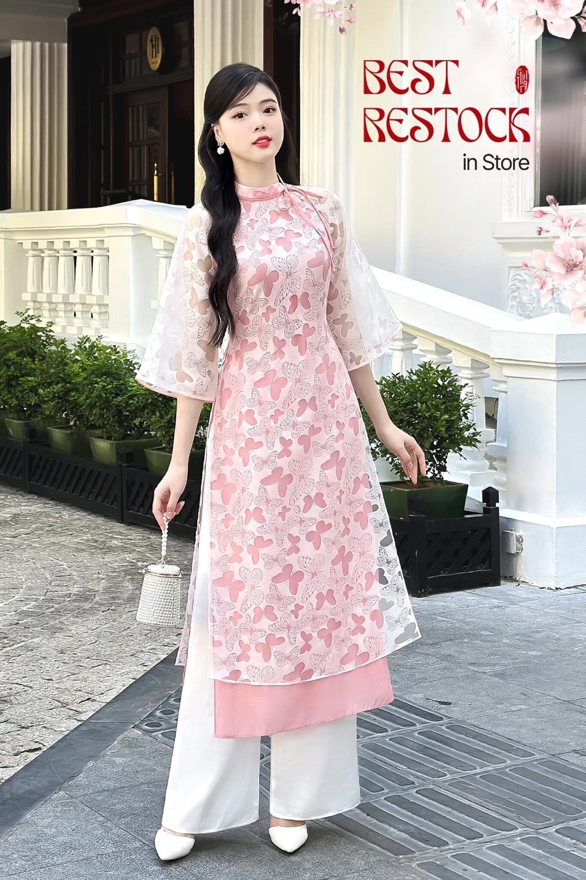 HoDiep Vietnamese aodai butterfly pink, pants included