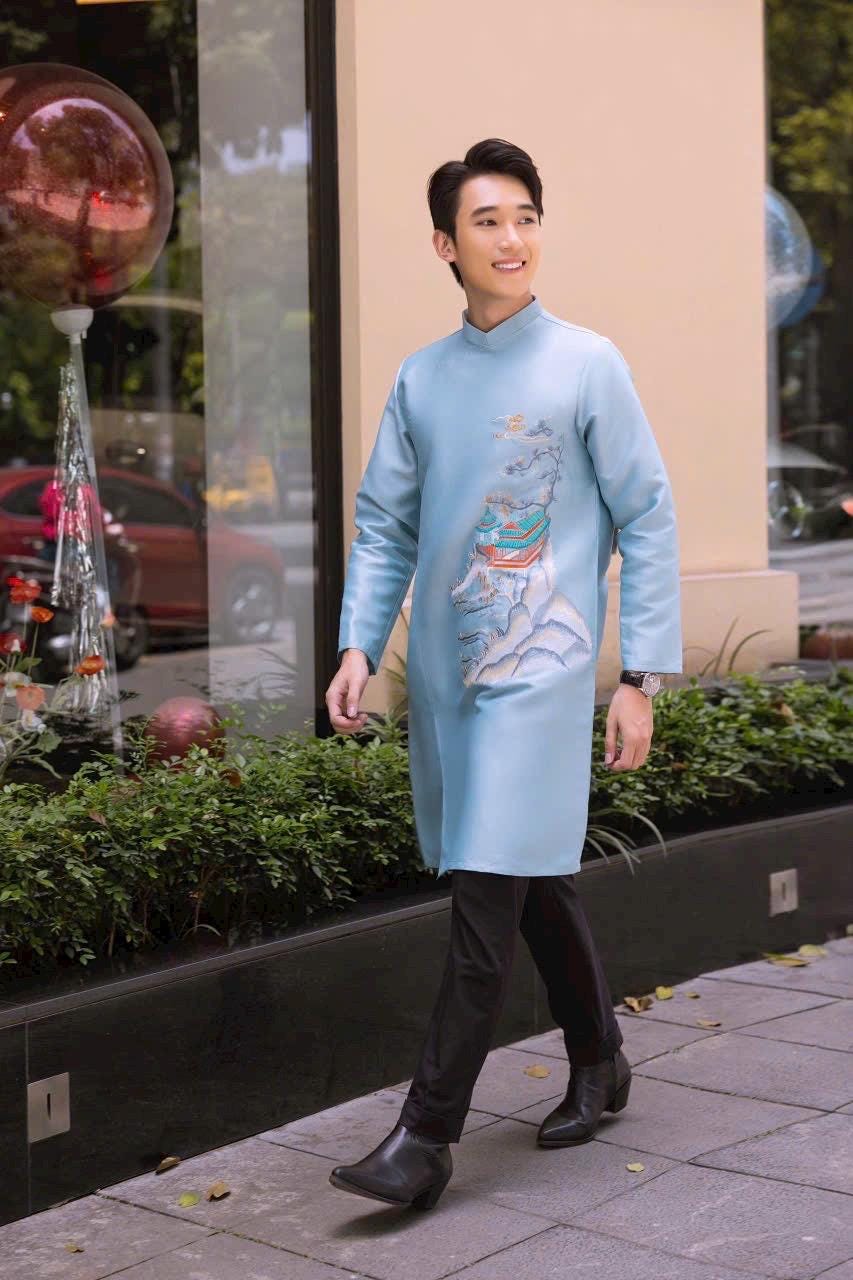 Temly Vietnamese aodai for men blue/ nude