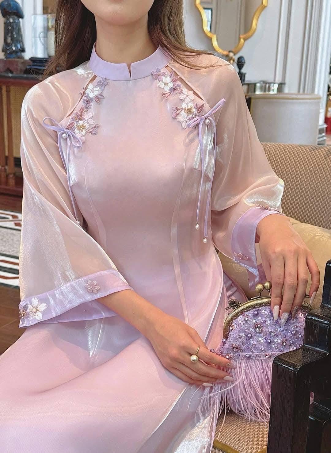 LynnTim Vietnamese aodai cutout purple beaded, pants included