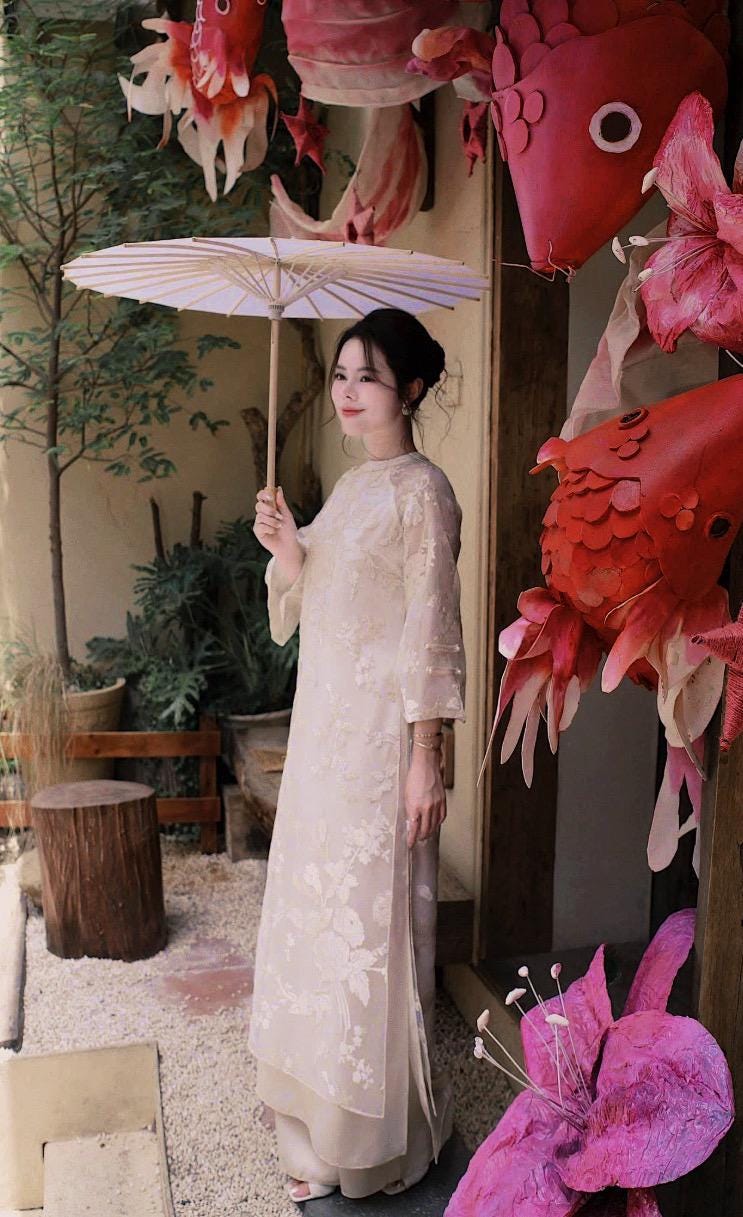 Vietnamese ao dai embroiled ThanhXuan beige aodai, pants included