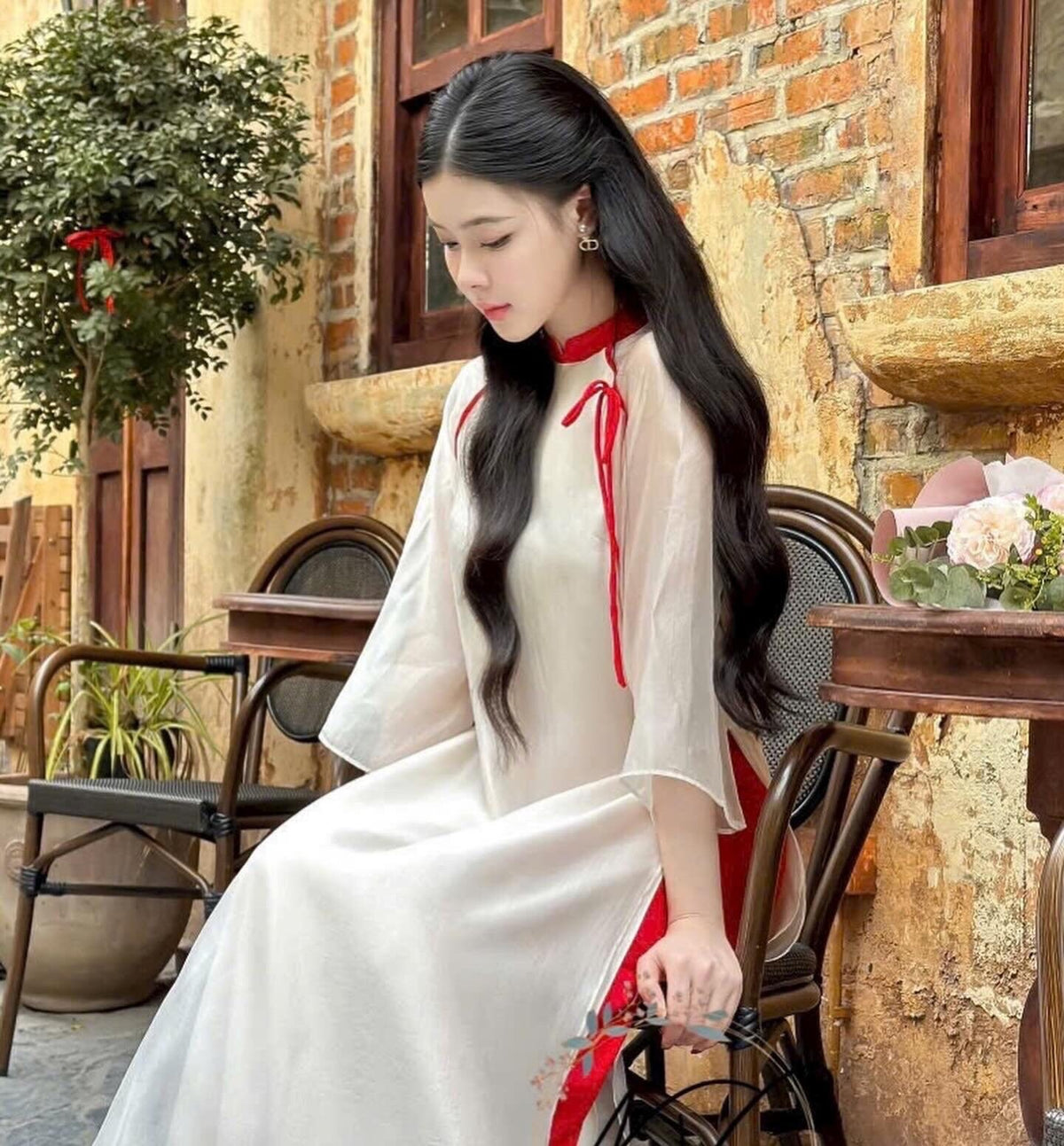 TueHy Vietnamese ao dai beige off-white, pants included