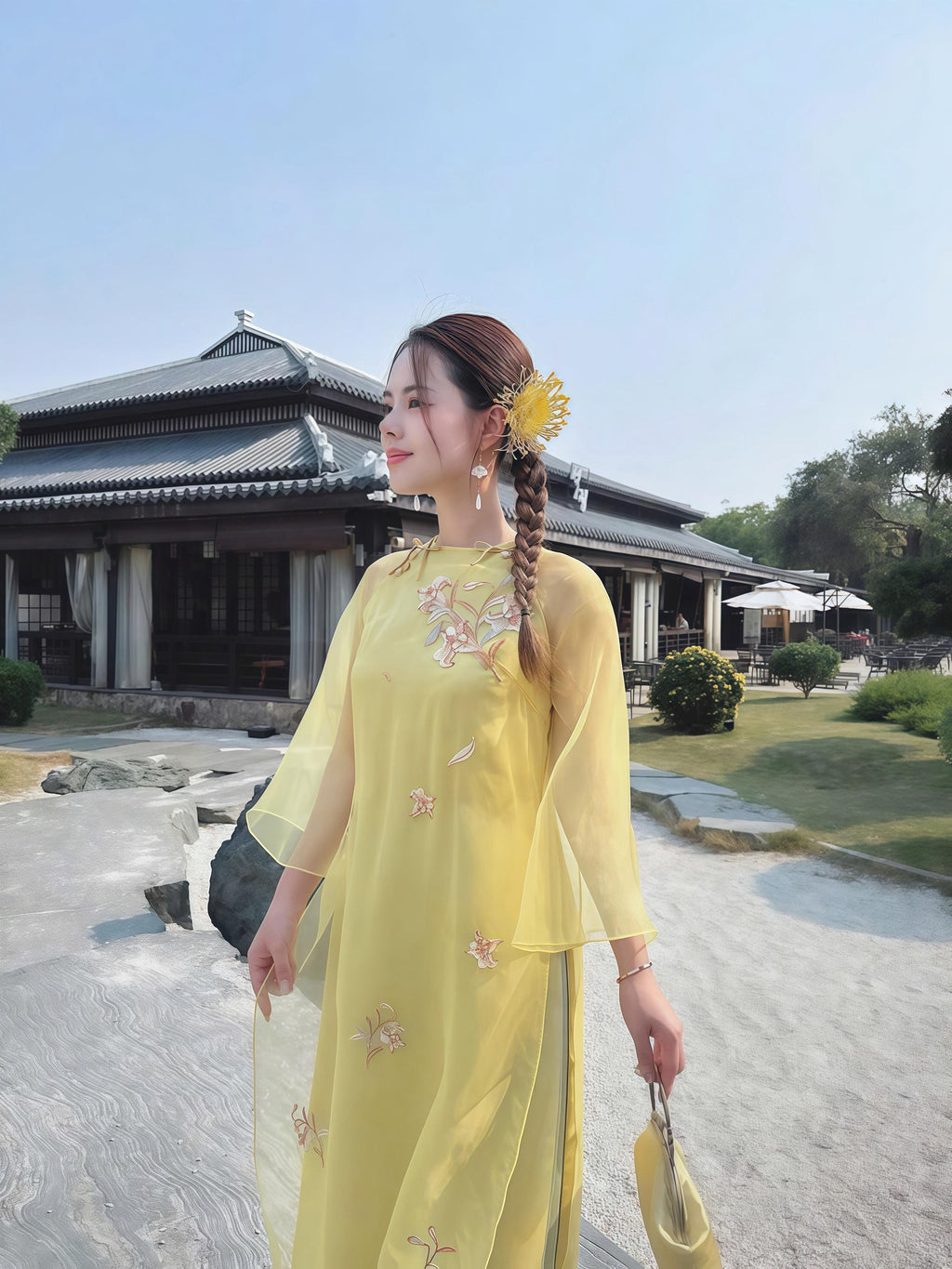 Vietnamese ao dai Linny embroidery yellow aodai , pants included