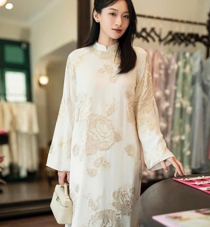Vietnamese ao dai Rosey imprint 3D texture with gold aodai white relaxed style, pants included