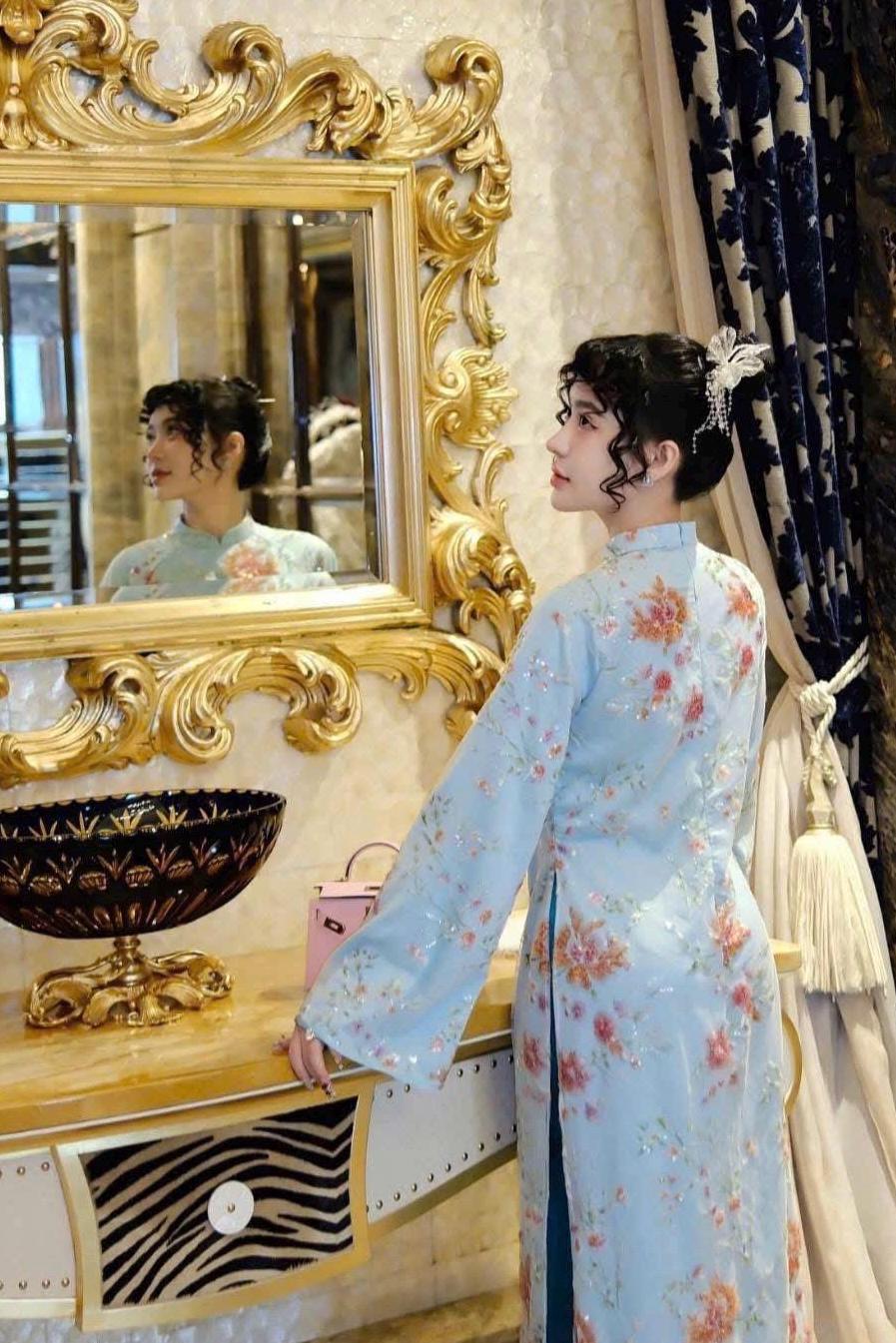 XuanHa Vietnamese ao dai embroidery blue/ white sequins, pants included