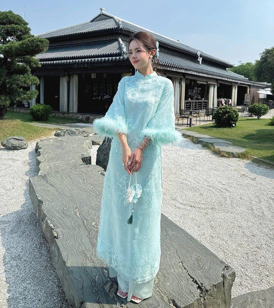 Vietnamese ao dai Mynhan faux fur aodai turquoise mint embroidery, pants included
