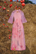 Vietnamese ao dai LK embroidery beaded pink phoenix aodai, pants included