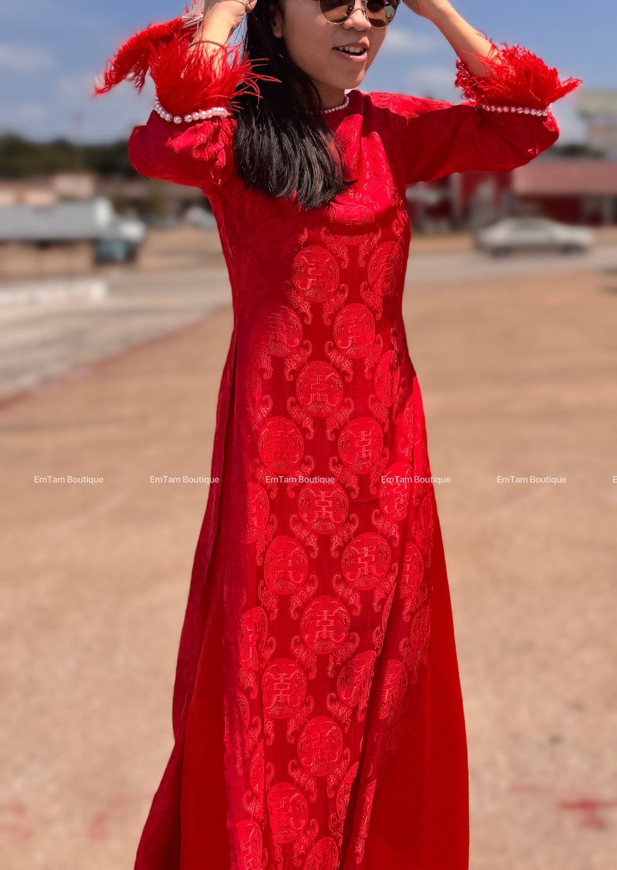 ThoDoi Vietnamese aodai red faux fur, pants included