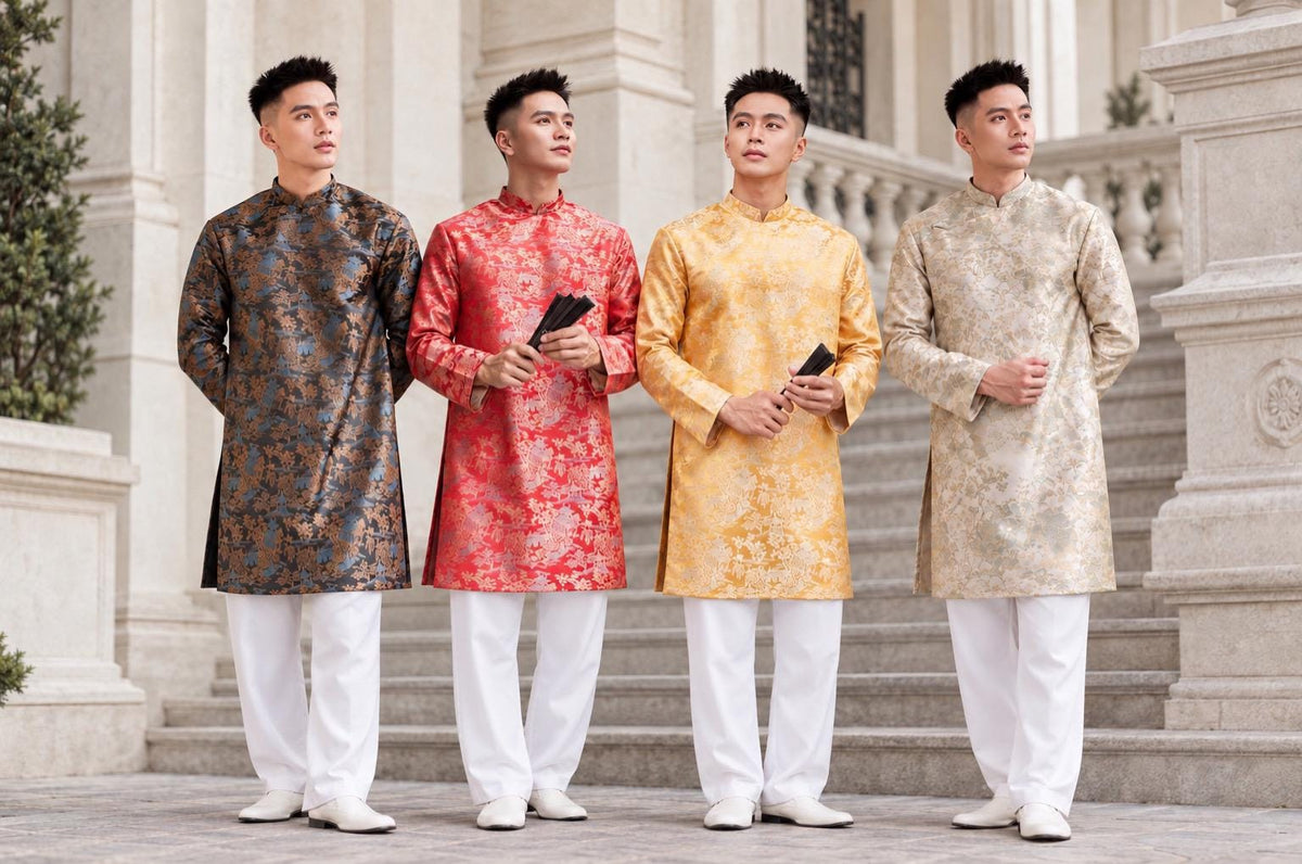 ThuyMac Vietnamese aodai for men tafta red, golden, black, cream