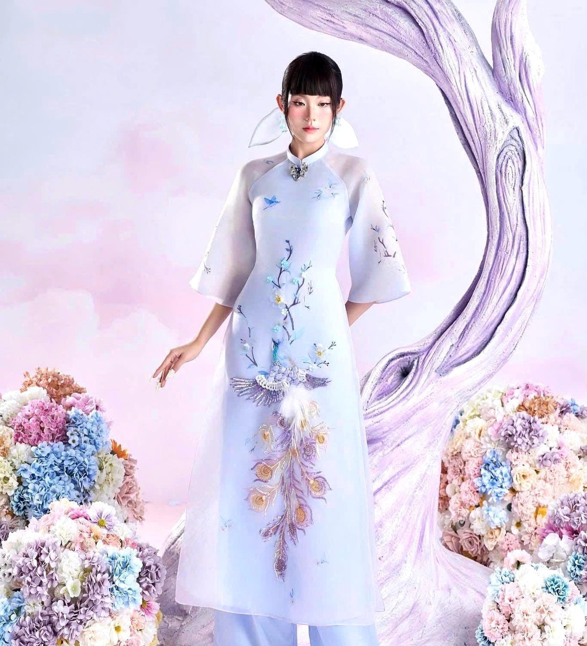 LamDong Vietnamese ao dai blue, brooch and pants included