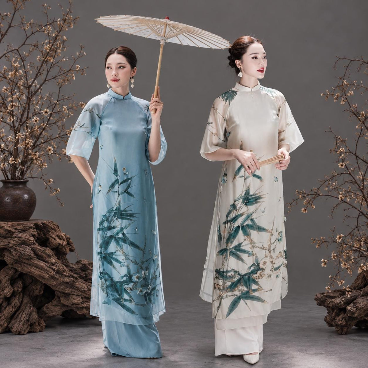 TrucHy Vietnamese ao dai ivory and blue, pants included