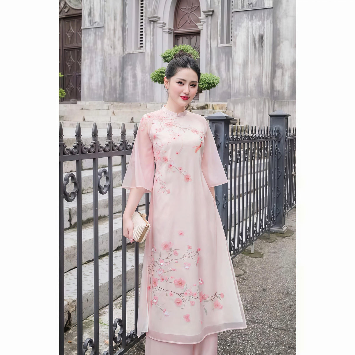 DieuHoa Vietnamese ao dai beaded pink, pants included