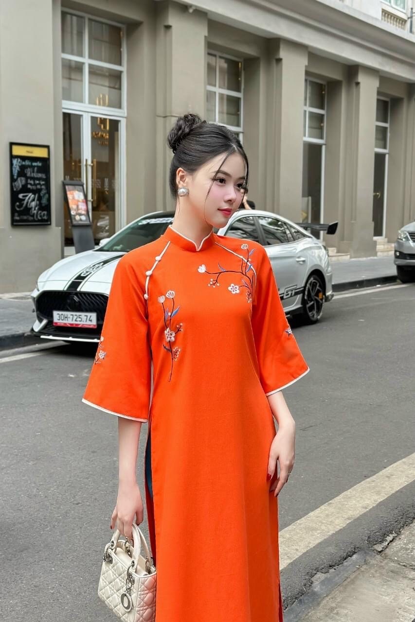 Linen Vietnamese embroidered aodai orange, pants included