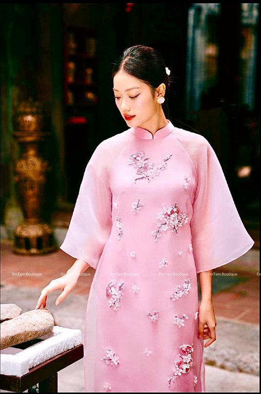 Vietnamese aodai  MT beaded pink, pants included