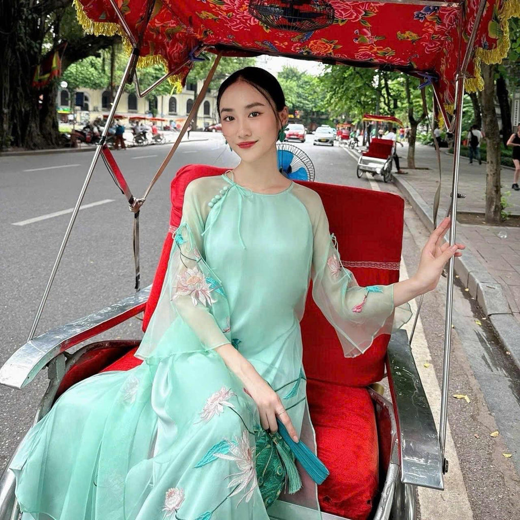 Vietnamese ao dai KhongTuoc turquoise, pants included