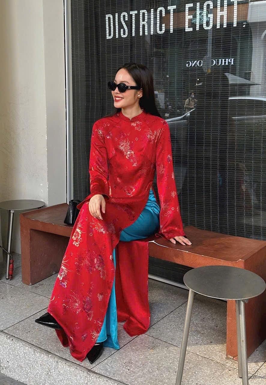 LuaTuyet Vietnamese aodai in red/ teal, pants included