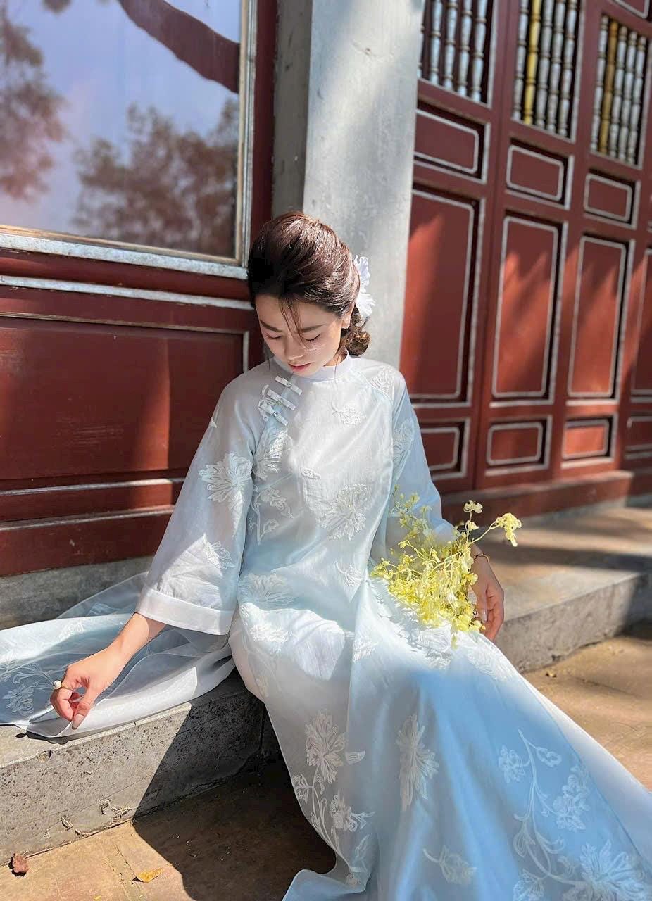 NhuKhanh Vietnamese aodai embroidered blue, pants included