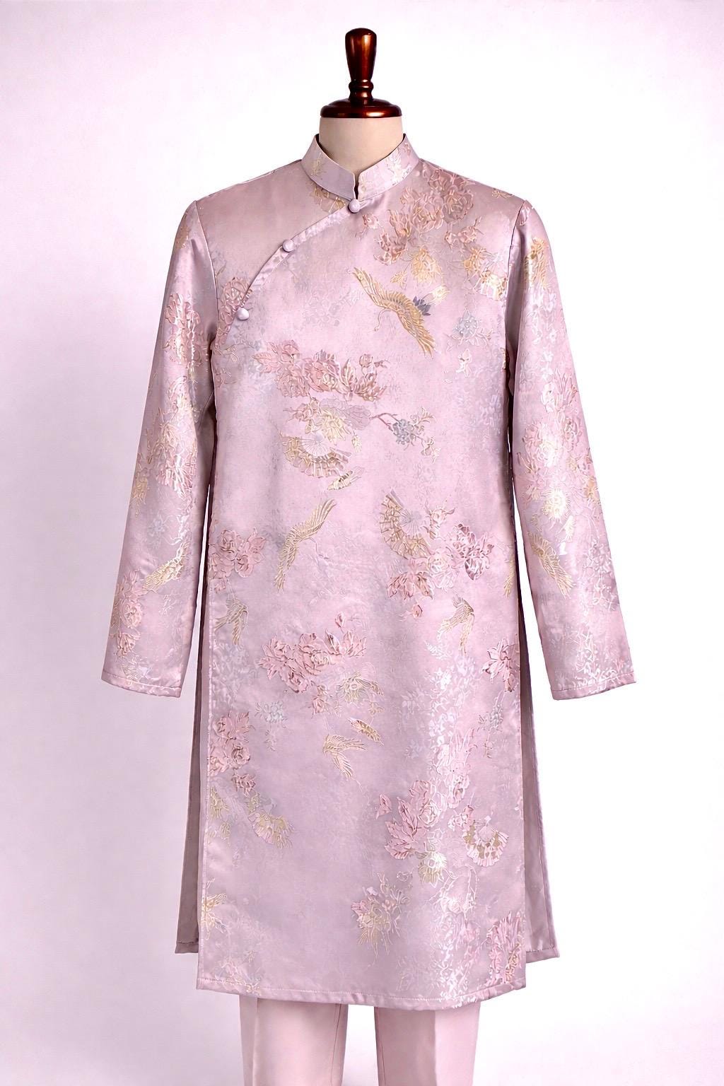FanHac Vietnamese aodai for men pink mix w gold thread