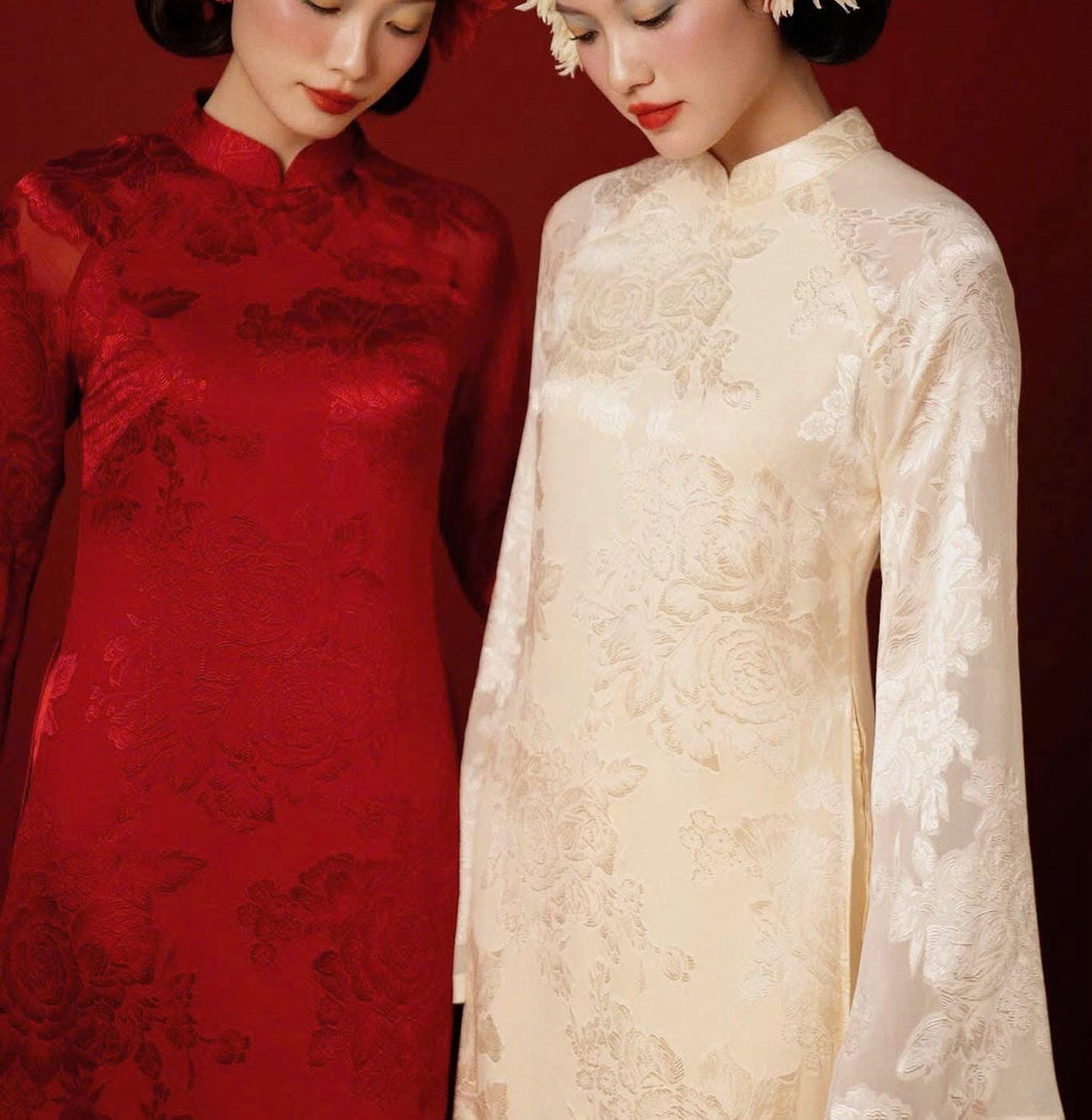 MocTra Vietnamese ao dai rose red or ivory, pants included