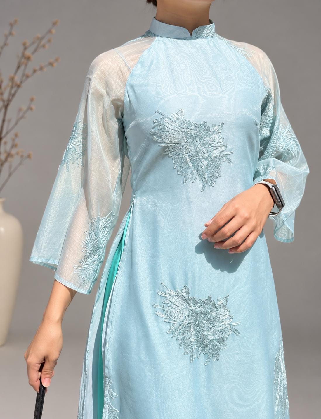 Vietnamese aodai Quynh double layers in turquoise, pants included