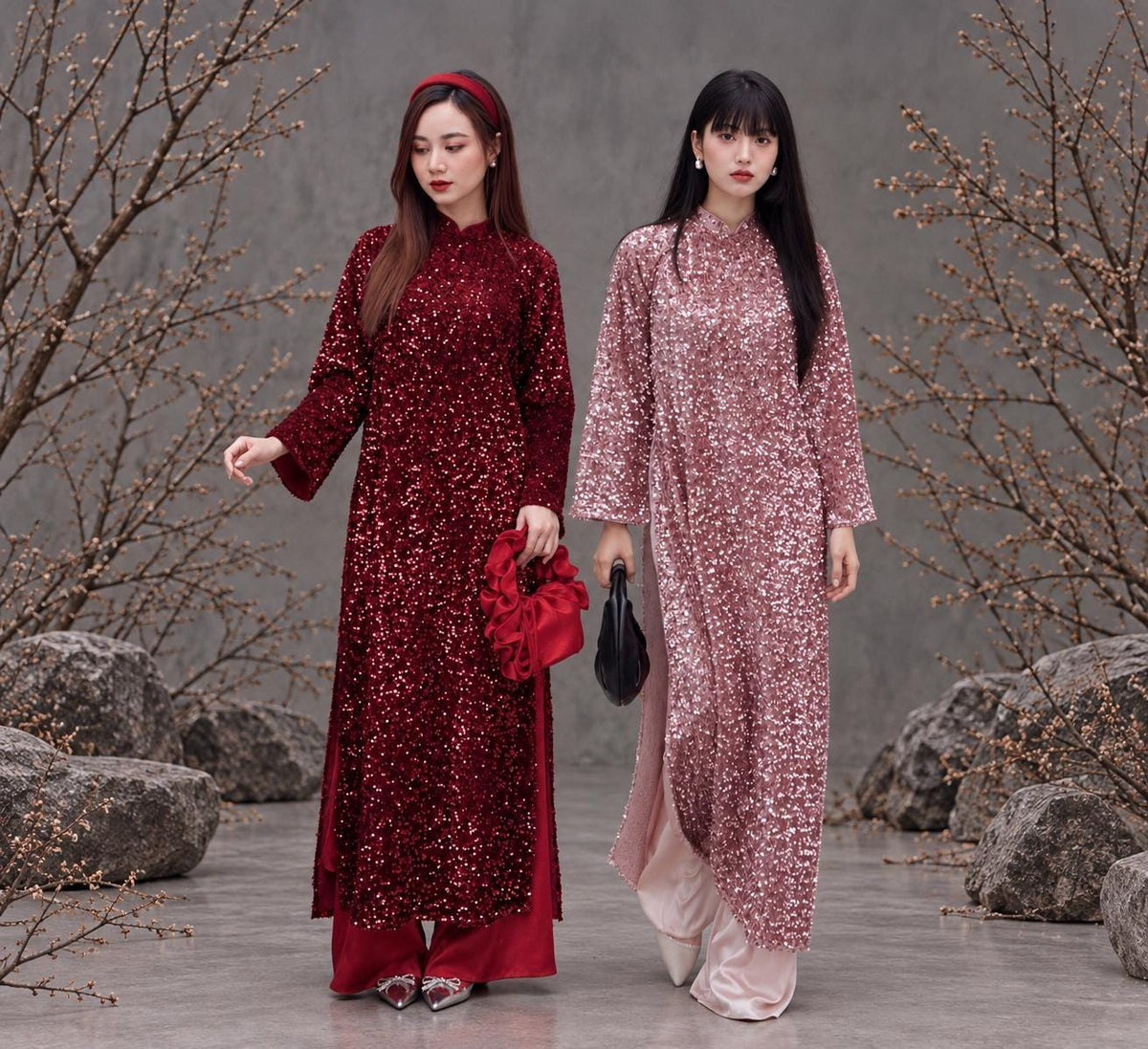 Vietnamese ao dai KimSa velvet embroidery dark red/ pink and cream sequins silk aodai , pants included
