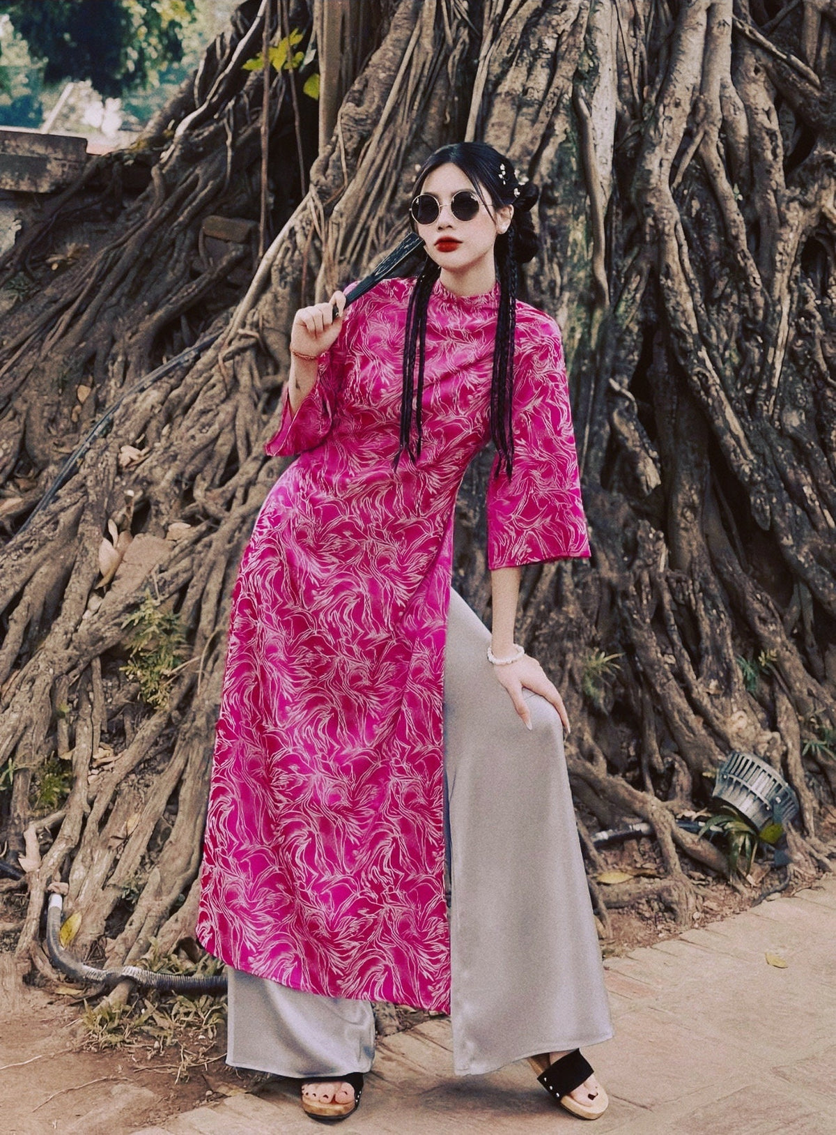 CamChuong Vietnamese aodai gam rose, pants included