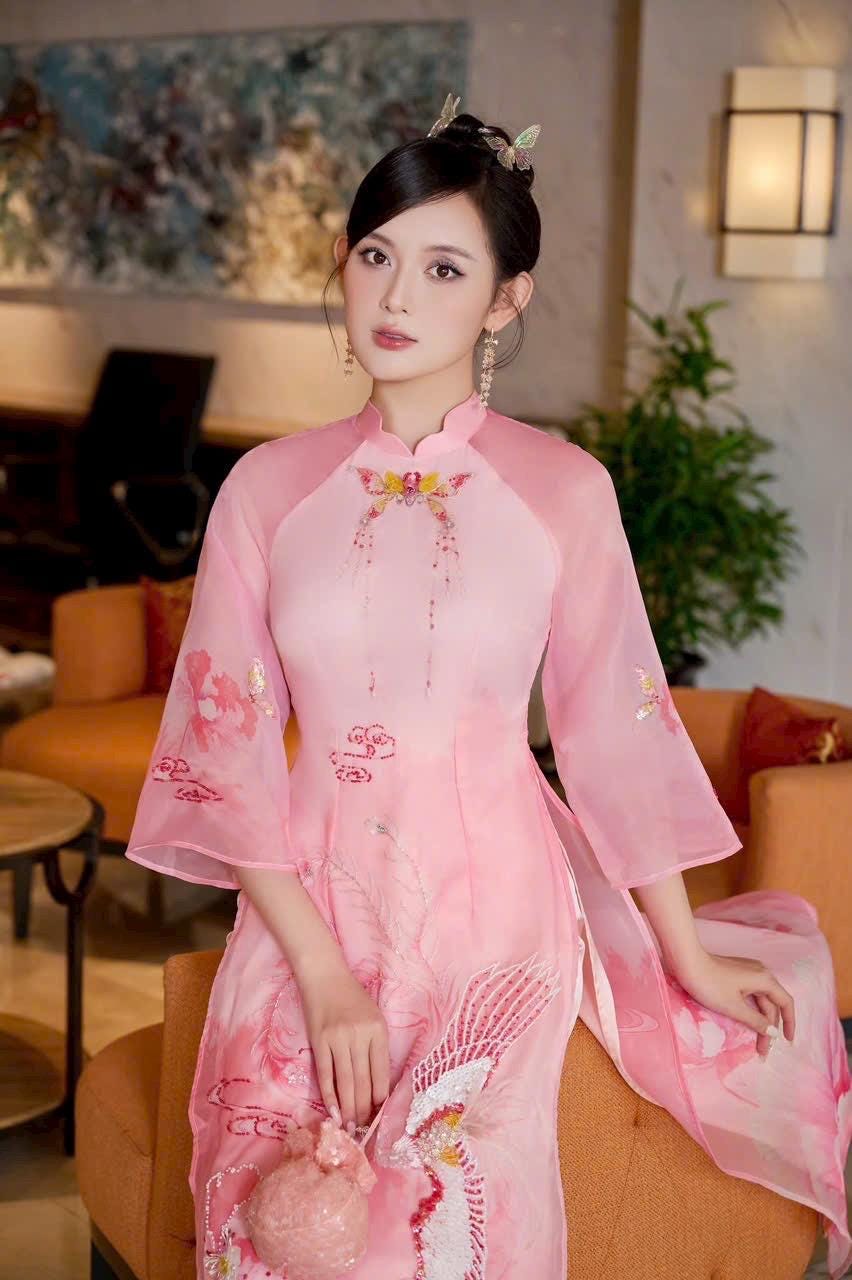 Vietnamese ao dai LK embroidery beaded pink phoenix aodai, pants included