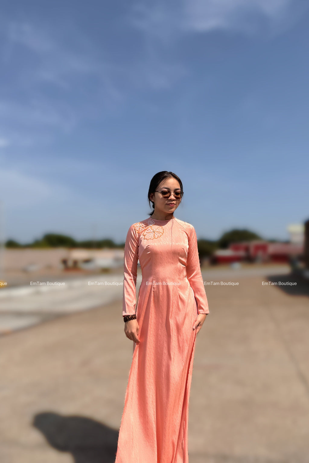 DaoLy Vietnamese aodai beaded floral peach, pants included