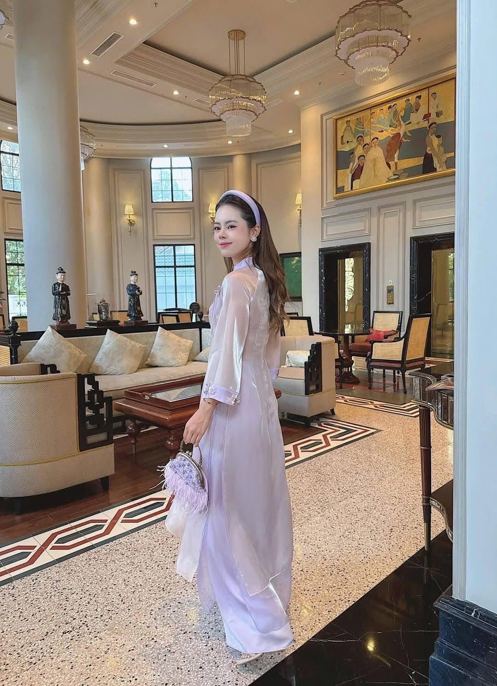 LynnTim Vietnamese aodai cutout purple beaded, pants included