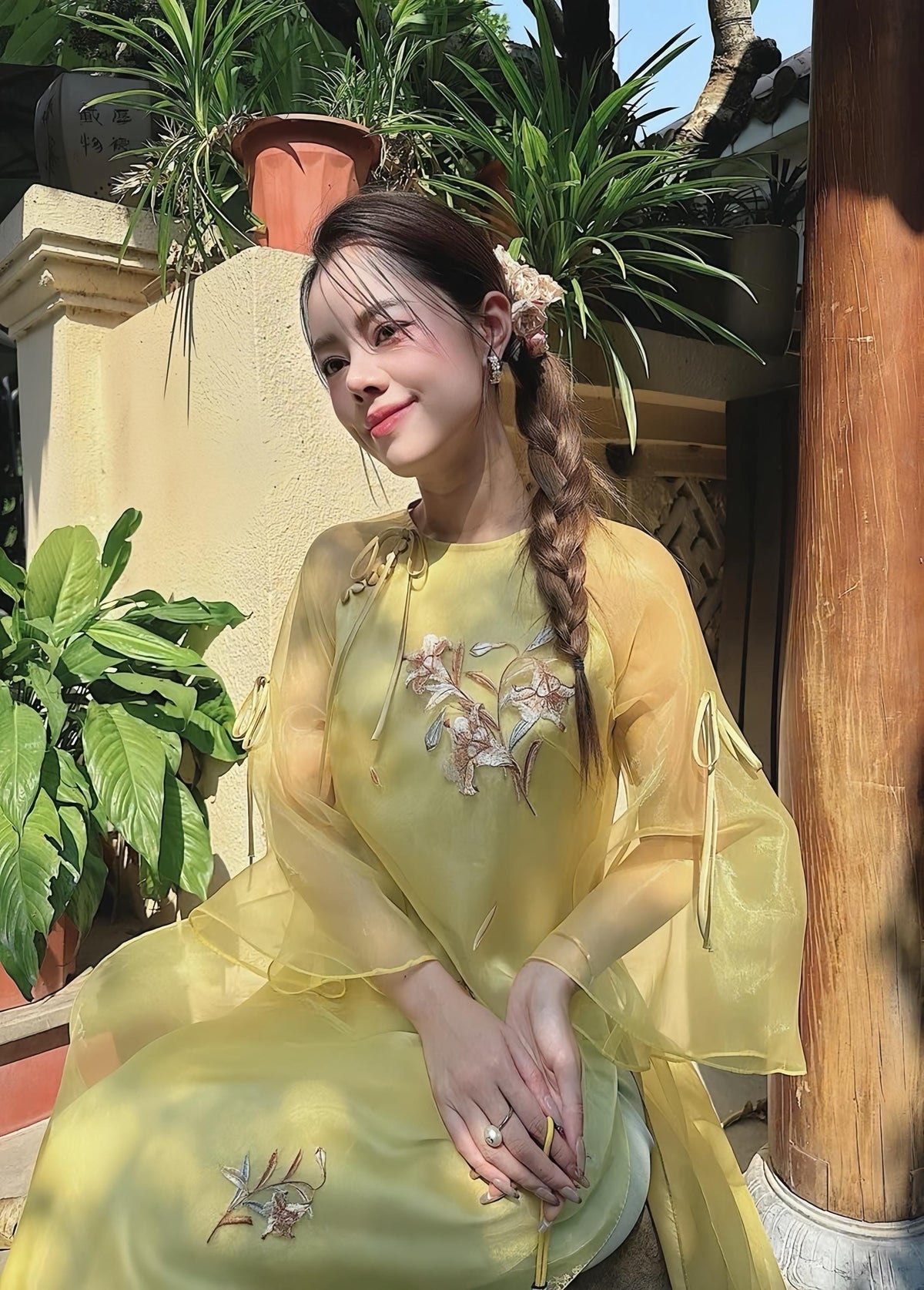 Vietnamese ao dai Linny embroidery yellow aodai , pants included