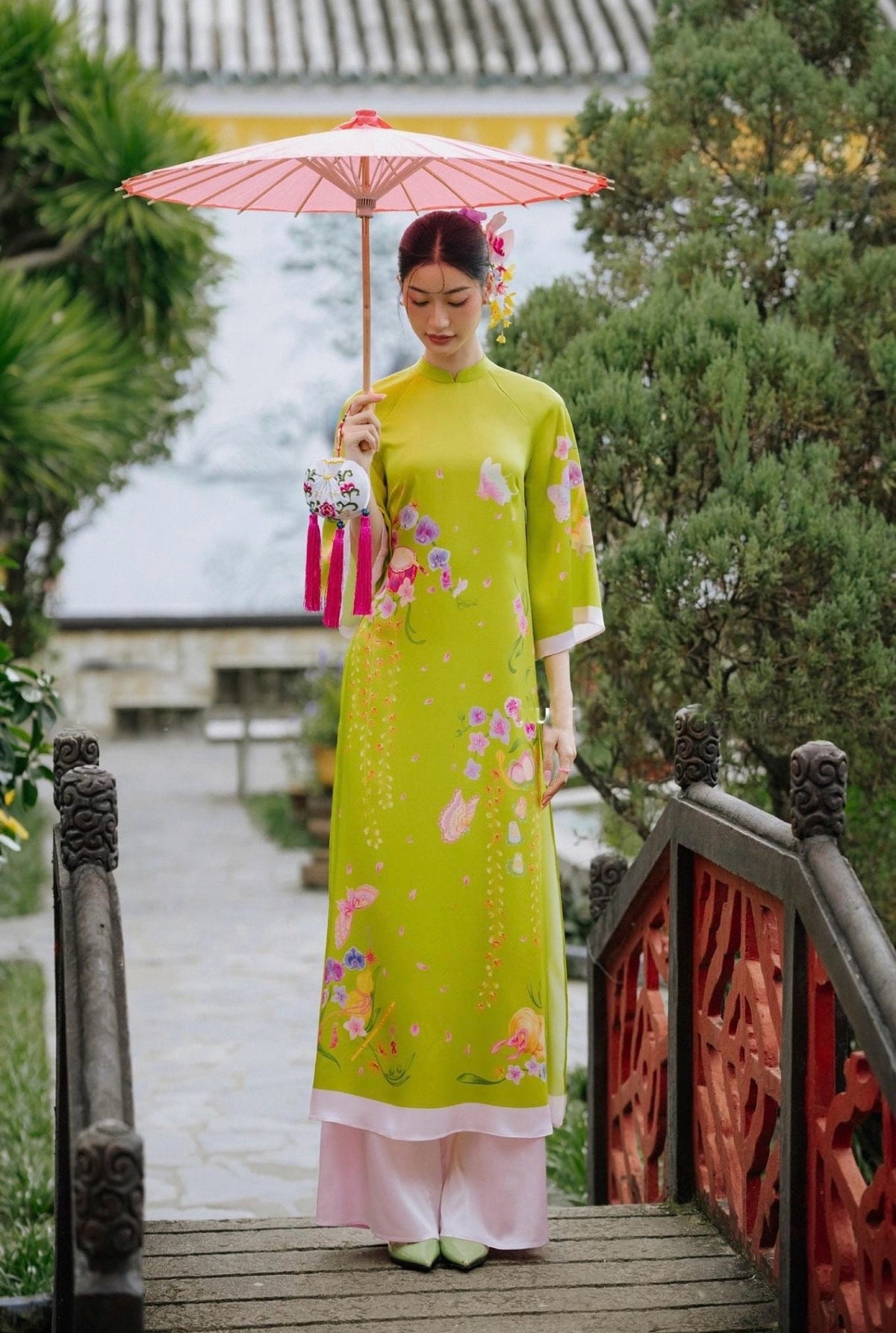 XuanChi Vietnamese ao dai yellow-green, pants included
