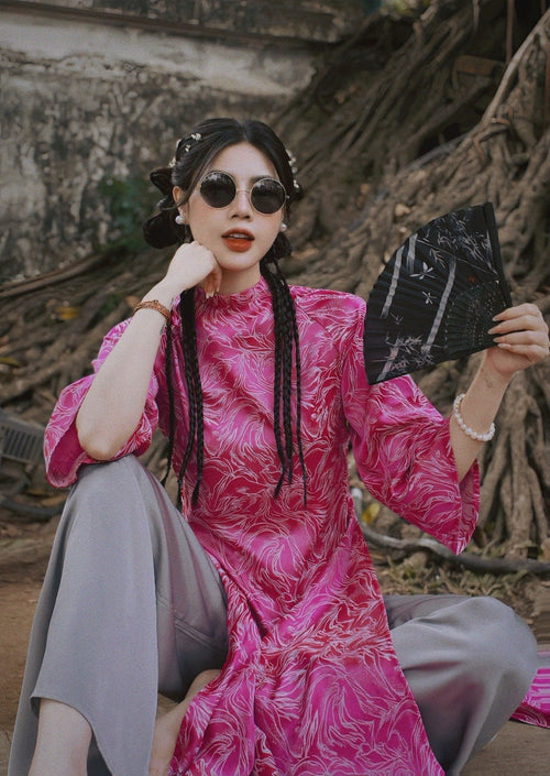 CamChuong Vietnamese aodai gam rose, pants included