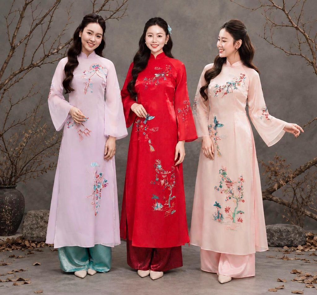 Vietnamese ao dai NgocThanh embroidery aodai pink, red or purple, pants included