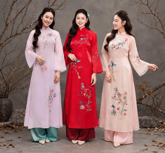 Vietnamese ao dai NgocThanh embroidery aodai pink, red or purple, pants included