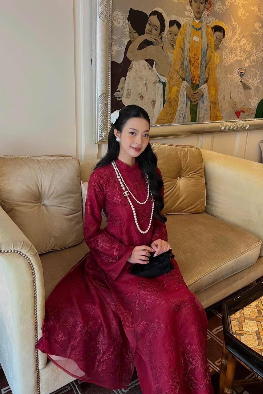 Vietnamese ao dai Moc embroidered burgundy, pants included