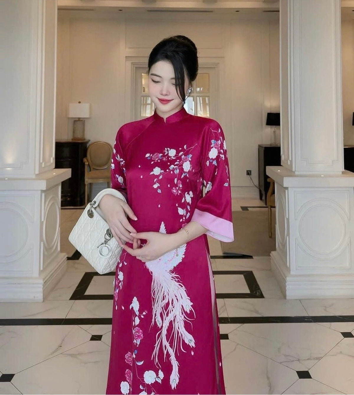 Vietnamese ao dai XuanHy dark pink loose style, pants included