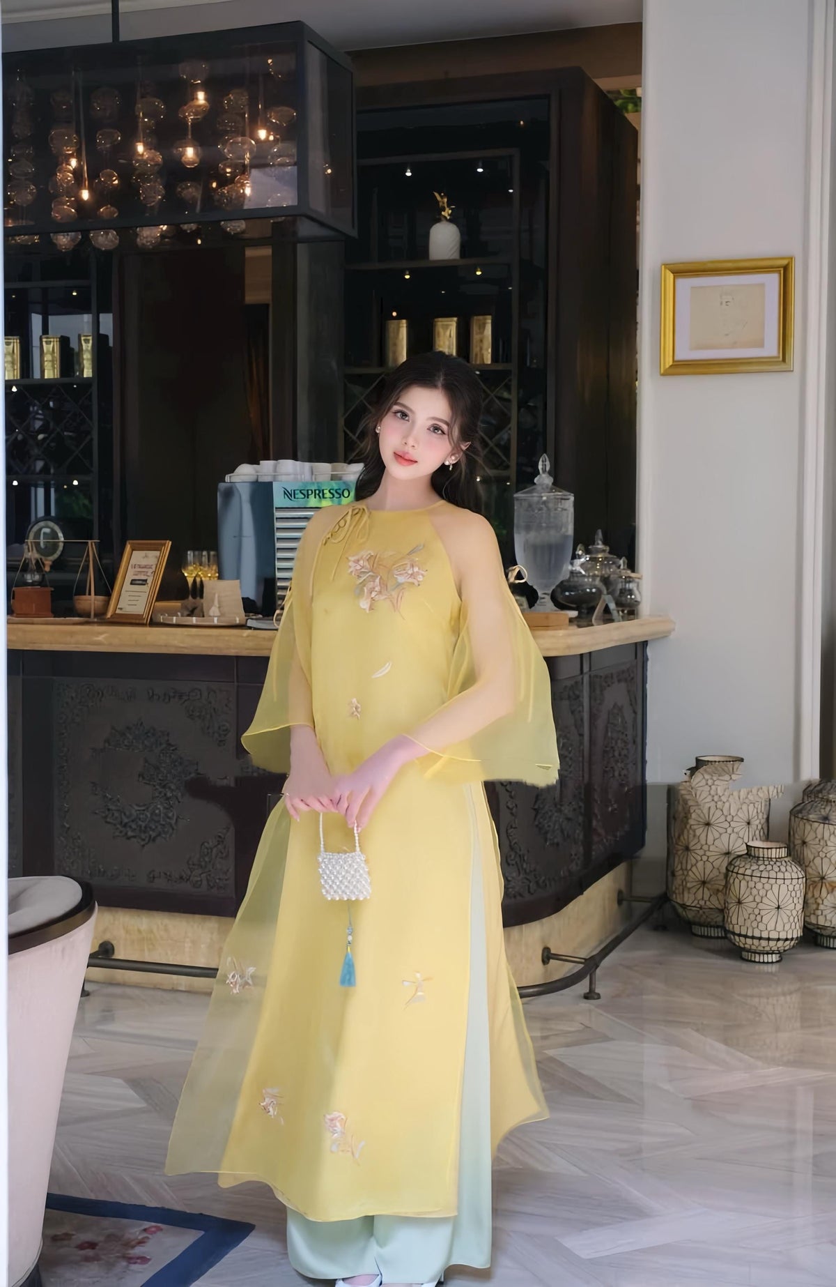 Vietnamese ao dai Linny embroidery yellow aodai , pants included