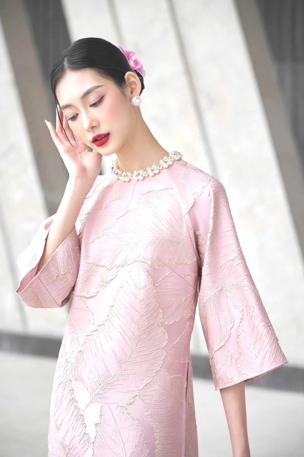 Vietnamese ao dai loose style 3D embossed leaves pink or maroon with pearl neckline , pants included