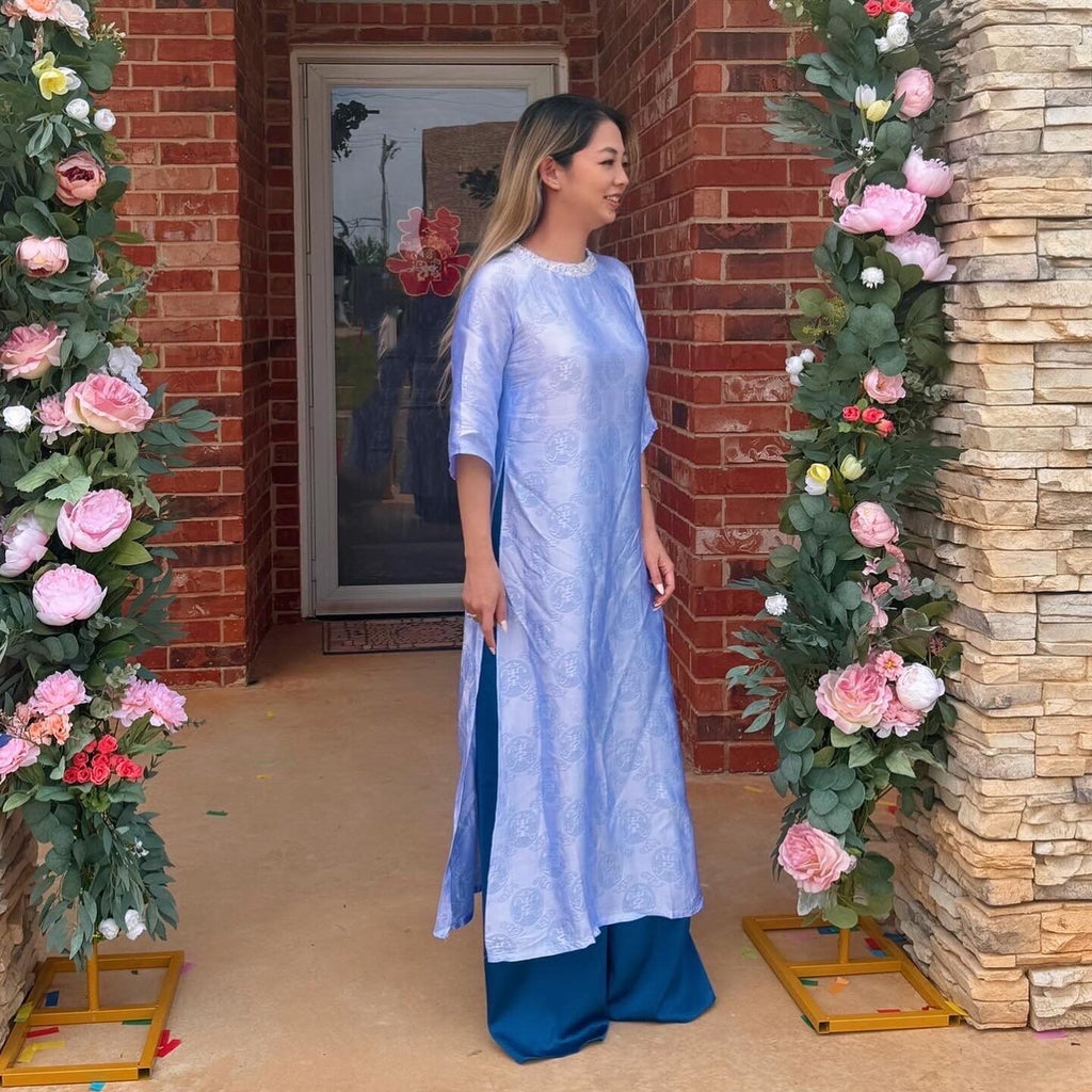 Vietnamese Aodai lụa tơ tằm Biec blue, luxury Mulberry silk ao dai, pants included