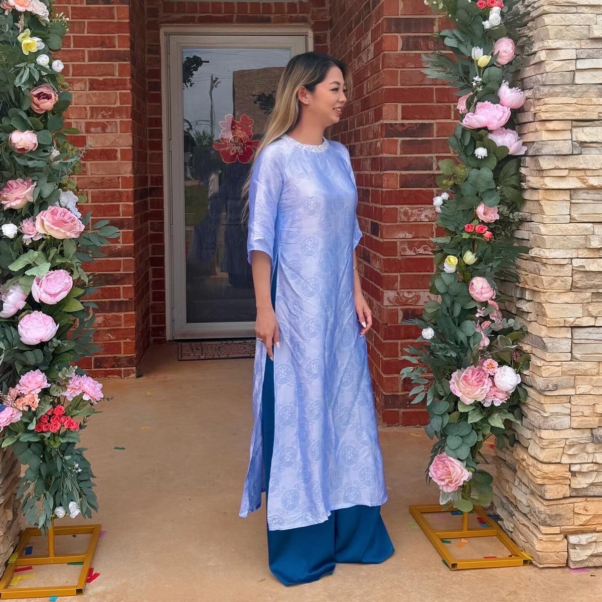 Vietnamese Aodai lụa tơ tằm Biec blue, luxury Mulberry silk ao dai, pants included