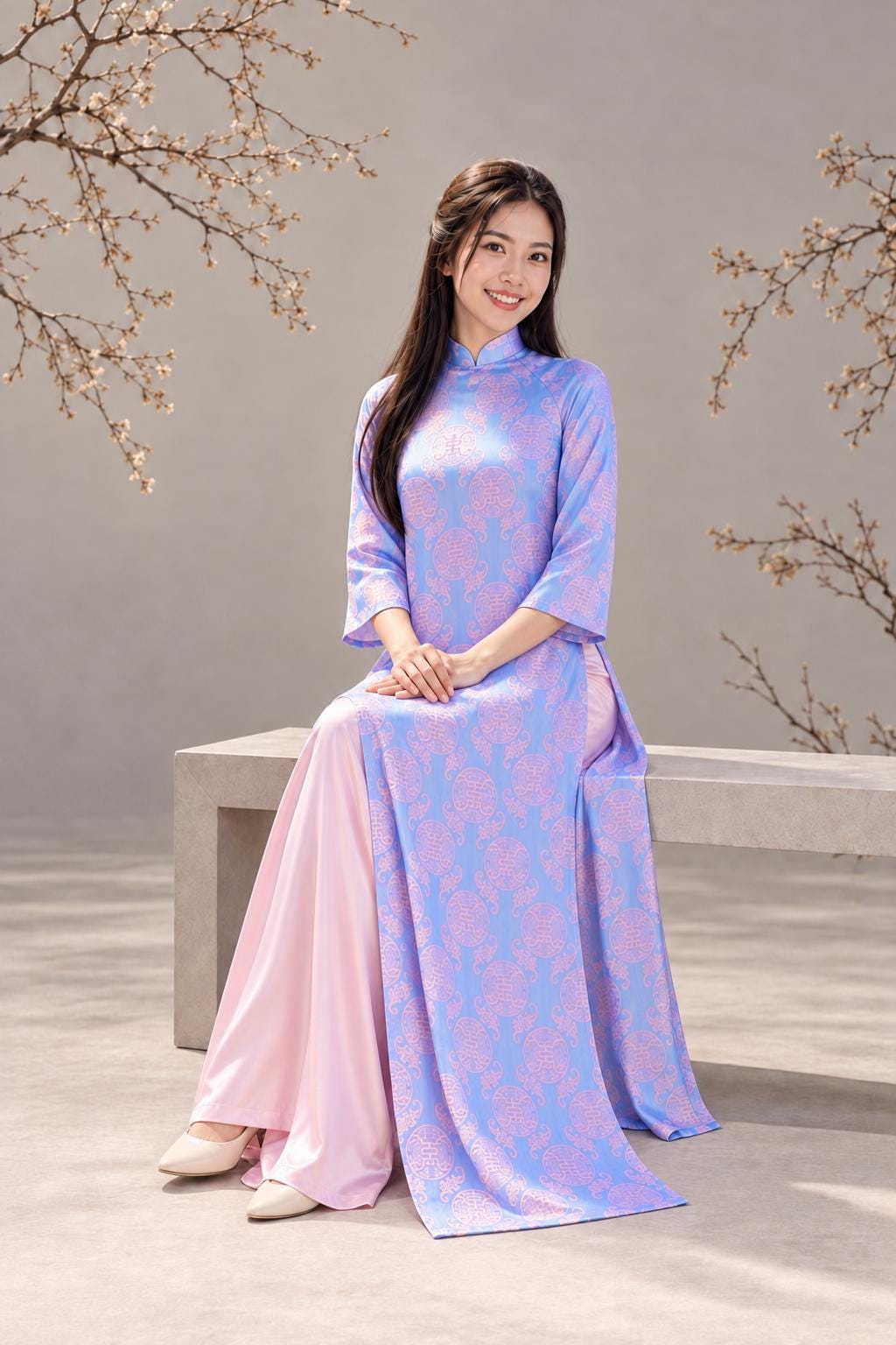 ThanhTho Vietnamese aodai blue, pants included